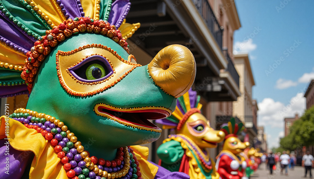 Fototapeta premium Mardi Gras colorful parade float detail featuring vibrant masks and decorations for festive celebrations