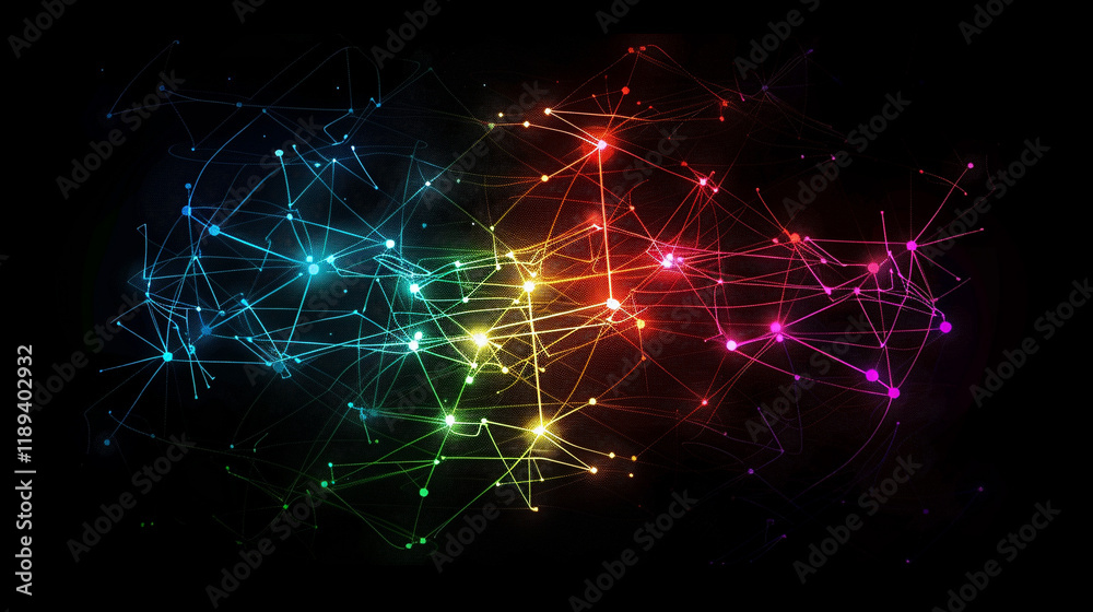 Fototapeta premium A digital abstract design featuring a network of glowing neon lines forming a complex circuit pattern on a dark background, symbolizing technology