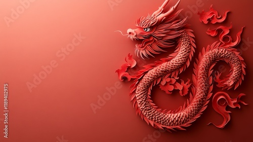 Vibrant red paper dragon art with intricate details and floral elements