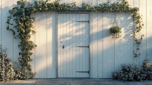 Bright blue wooden door against a textured wall with hanging plants in a gard...
