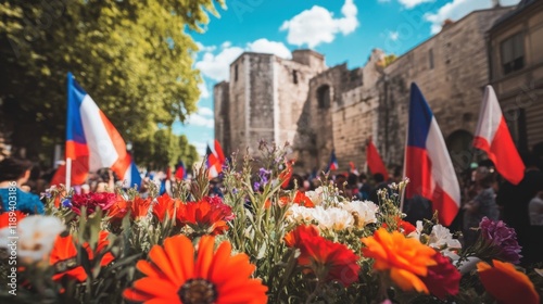 Bastille prison ruins with French flags and flowers, vibrant colors, sunny urban setting, symbolizing French independence and freedom on Bastille Day photo