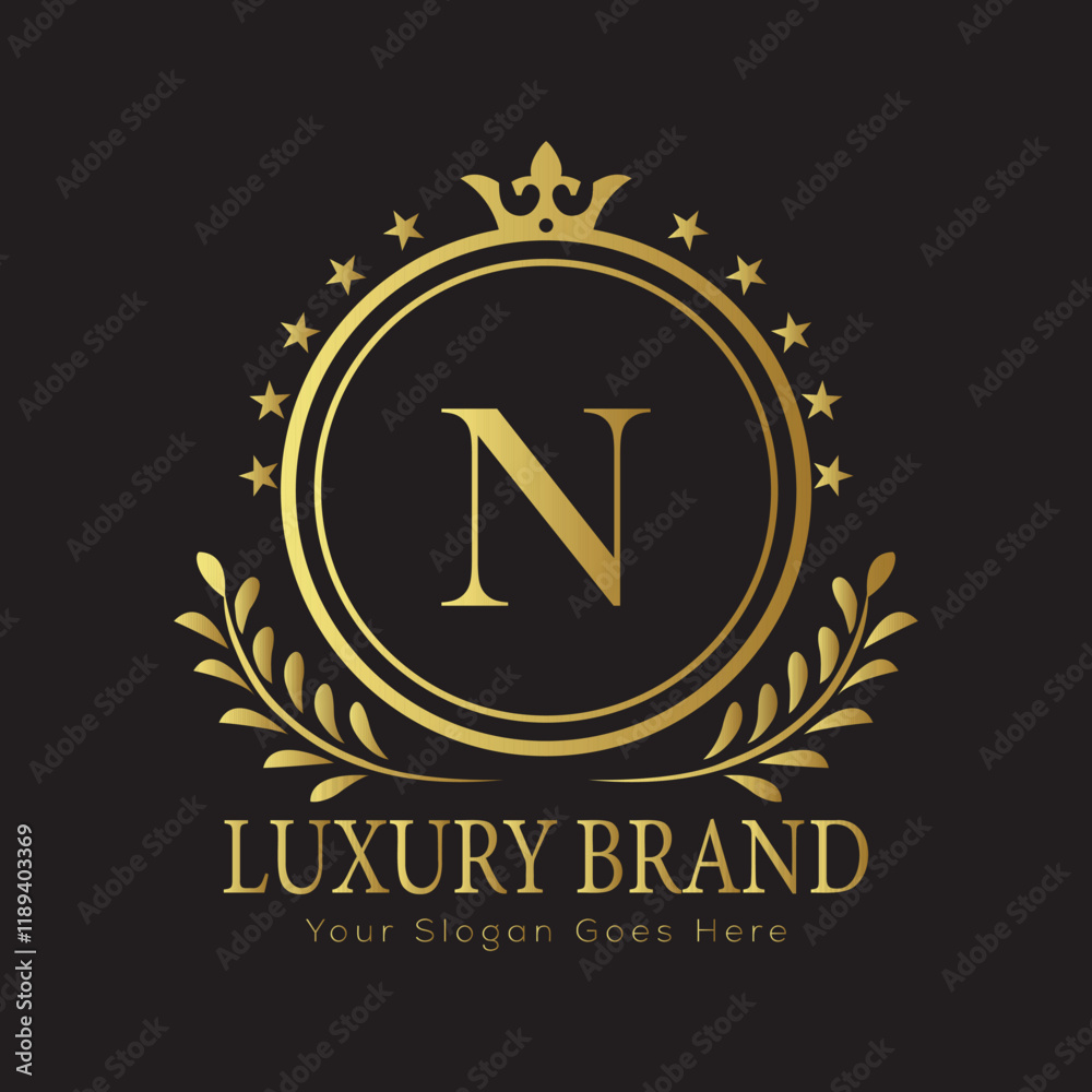Fototapeta premium Letter Luxury brand logo design with a royal gold crown emblem and elegant typography 