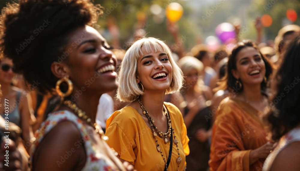 Group of young women of different ethnicity joyfully celebrate street festival of International WomenÕs Day. Feminine empowerment, diversity and feminism concept Group of young women of different ethnicity joyfully celebrate street festival of International WomenÕs Day. Feminine empowerment, diversity and feminism concept