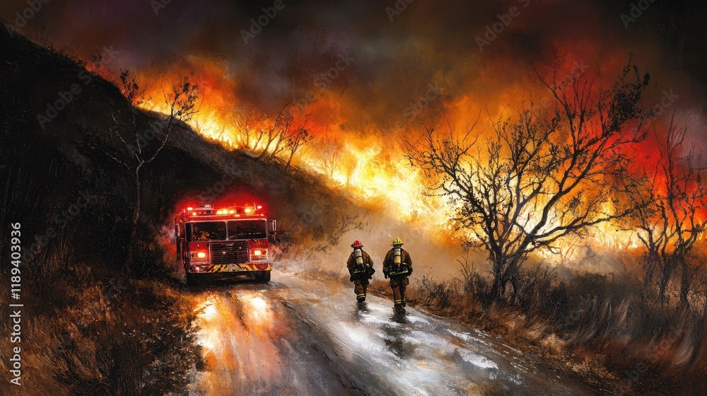 Fototapeta premium Firefighters battling hillside blaze with emergency truck