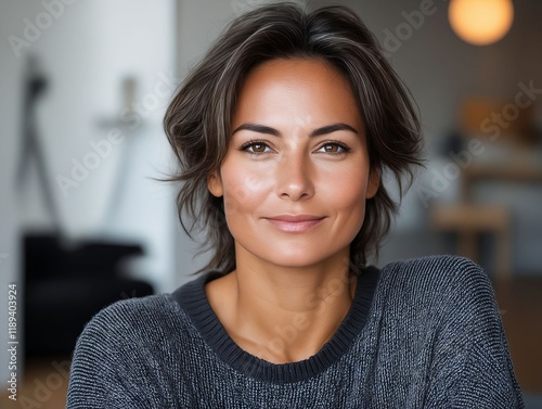 A woman in a gray sweater smiles at the camera Free Download A woman in a gray sweater smiles at the camera - GFXLoad