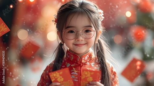 A Heartwarming New Year Portrait: A 10-Year-Old Child Embodying the God of Wealth with Traditional Red Envelopes photo