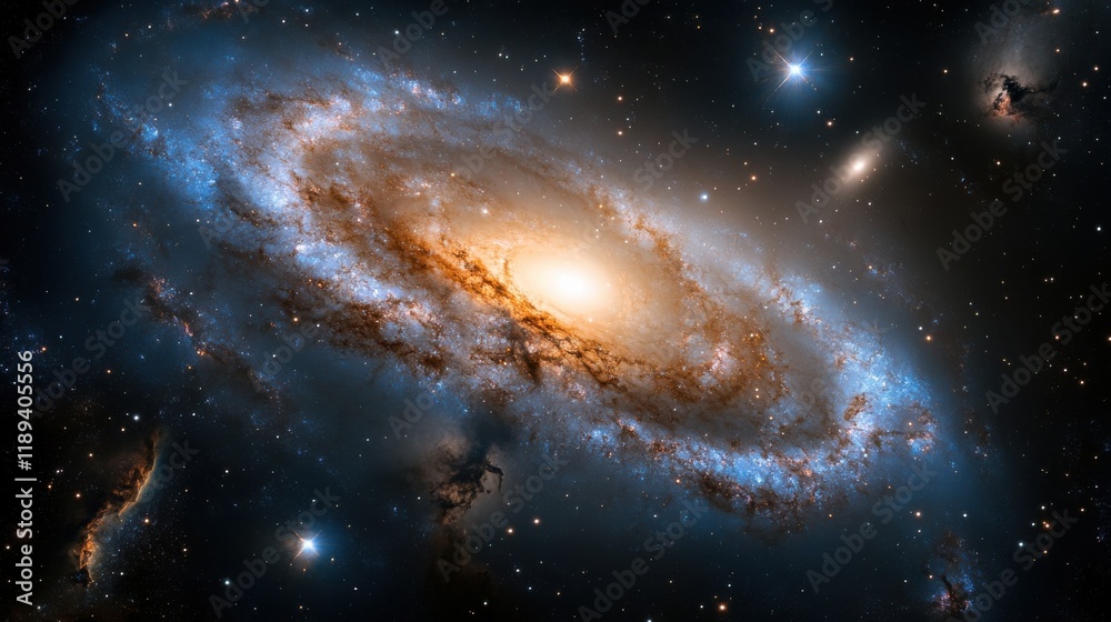 Fototapeta premium A swirling galaxy in deep shades of blue surrounded by faint stardust