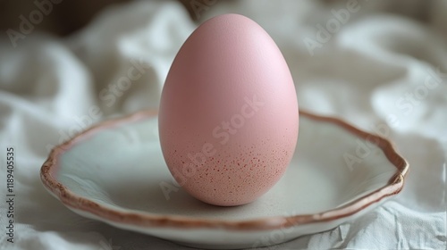 Pink egg placed in a soft blue dish on a wooden table against a blurred backg...