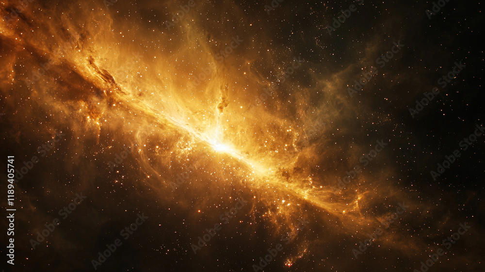 Fototapeta premium Golden nebula glowing brightly in the depths of space surrounded by cosmic dust and dark void