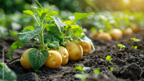 Potato Plants Growing in Fertile Soil with Sunlight  
 photo