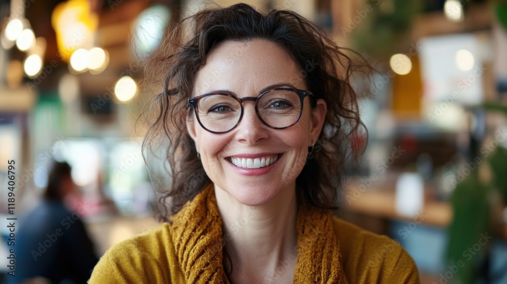 smiling woman wearing glasses in a cafe smiling woman wearing glasses in a cafe
