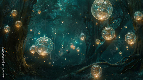 A surreal bubblescape with glowing, translucent spheres floating in a dark space, illuminated by soft internal lights photo