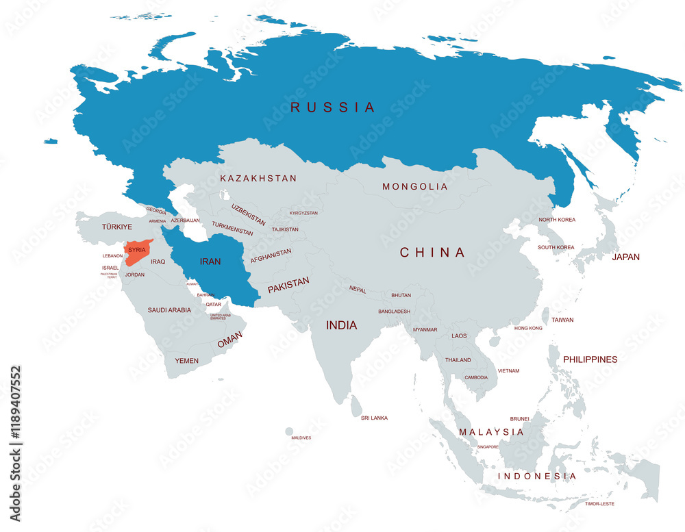 Obraz premium Map Highlighting raussia and iran and syria Among Asian Countries