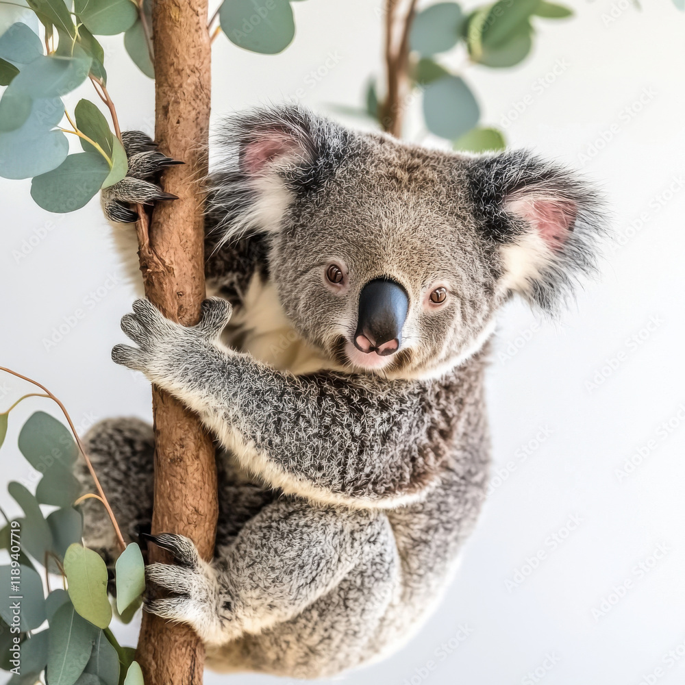 Naklejka premium Koala Climbing Eucalyptus Branch on White Background