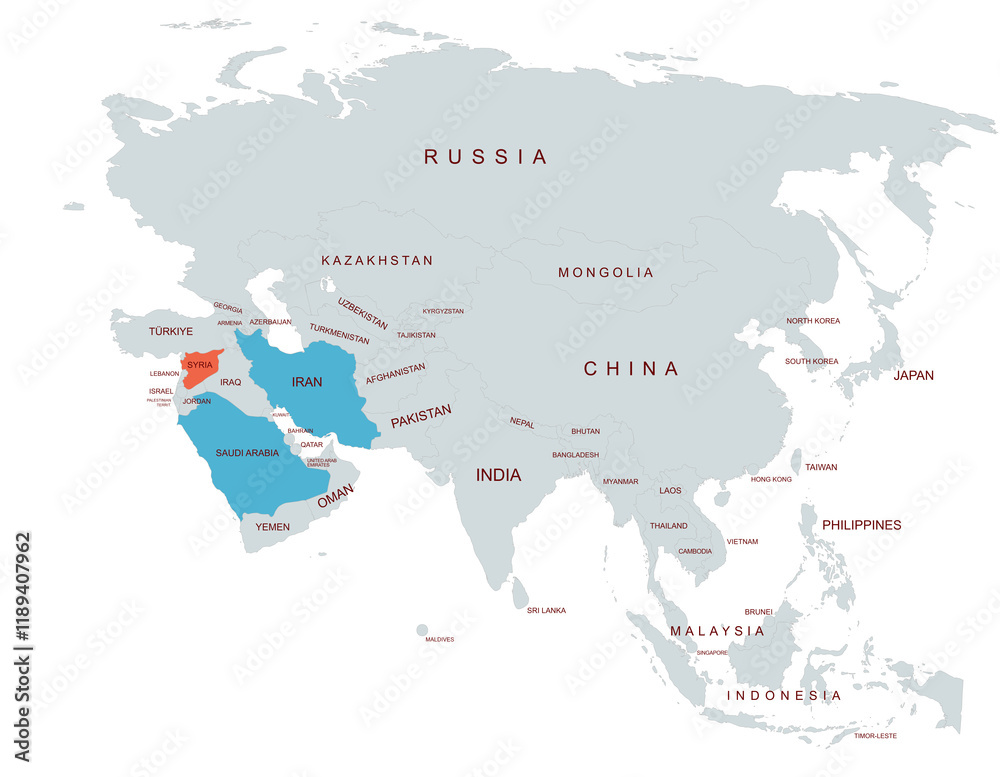 Fototapeta premium Map Highlighting Saudi Arabia and iran and syria Among Asian Countries