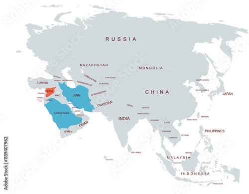 Map Highlighting Saudi Arabia and iran and syria Among Asian Countries