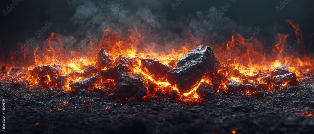 A fiery landscape with rocks and flames A fiery landscape with rocks and flames
