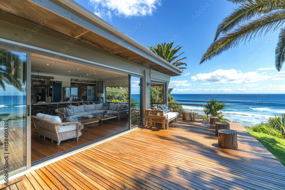 Fototapeta premium Coastal Beach House with Oceanfront Deck