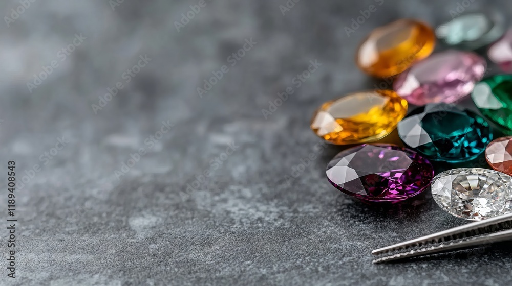 A bunch of different colored gems and tweezers on a table