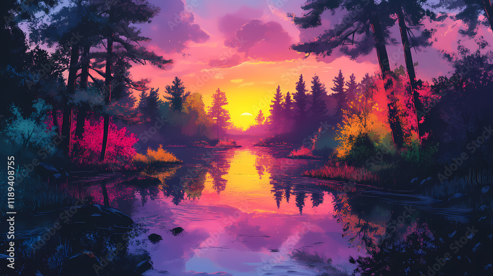 Obraz premium A vibrant sunset reflecting on a tranquil river, surrounded by colorful trees, creating a serene and magical atmosphere. Duskfall. Illustration