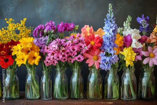 Colorful flower arrangement in glass vases against a vibrant green backdrop