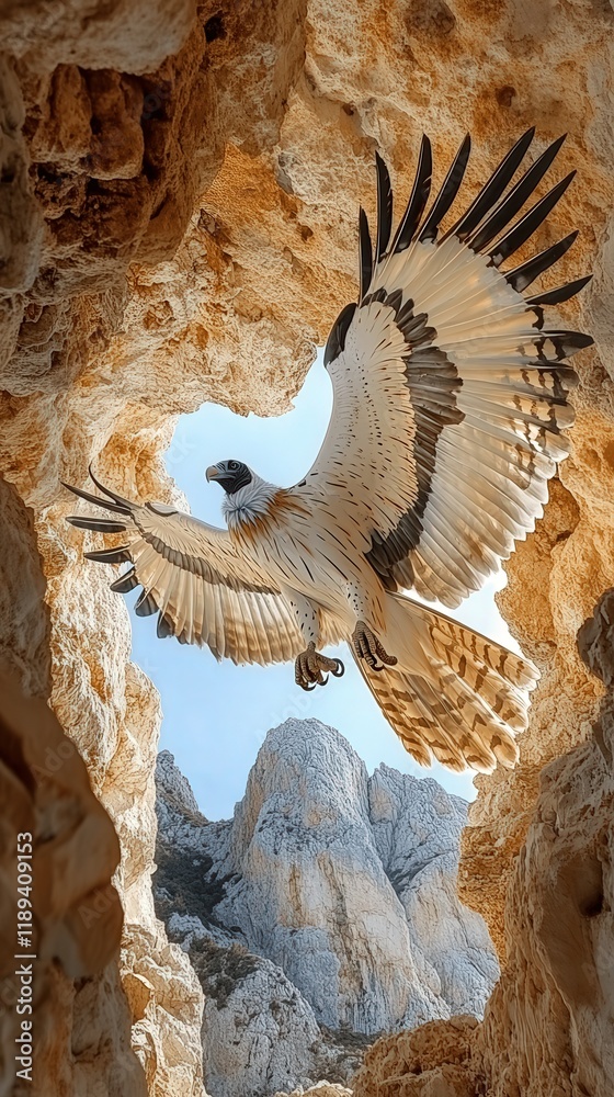 Fototapeta premium Majestic Bearded Vulture Soaring in Stunning Rocky Mountain Cave Setting with Clear Blue Sky Background - Nature Photography and Birdwatching Enthusiasts