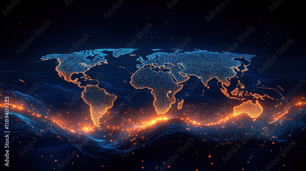 Fototapeta premium A digital representation of the world map with illuminated points and lines, highlighting global connectivity and data flow
