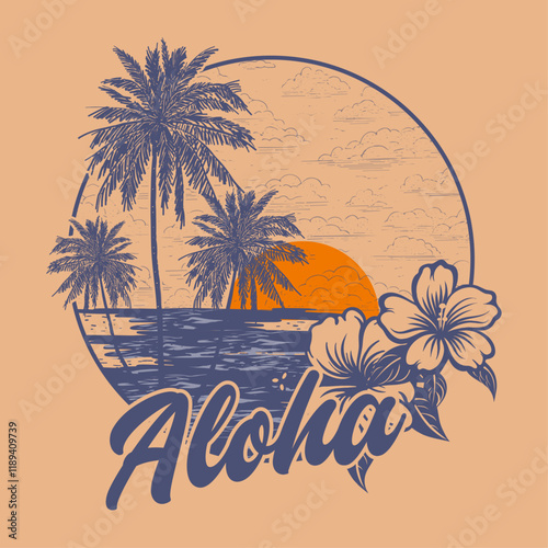 Summer hand drawn print, sunset or sunrise tropical palm beach, long beach slogan text print , Summer vintage graphic print design. Beach vibes with board print design. Hand sketch beach vector design
