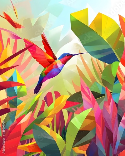 Vibrant Hummingbird in Geometric Urban Garden