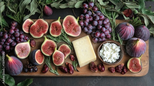 Elegant outdoor spread featuring figs, cheese, bread, and wine during a sunny...