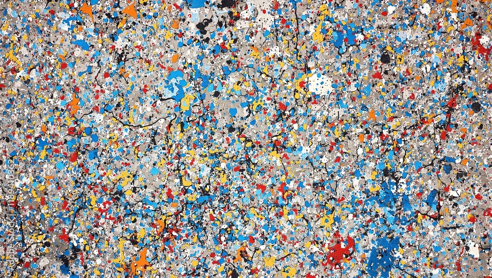 Vibrant paint splatters on concrete floor in blue red and yellow hues creating a chaotic and textured abstract design Vibrant paint splatters on concrete floor in blue red and yellow hues creating a chaotic and textured abstract design