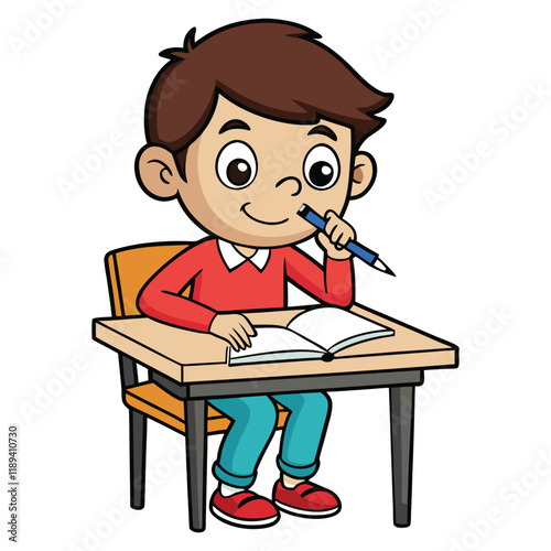 Flat style cartoon illustration of a child chair with reading table, Book and Pen, Thinking