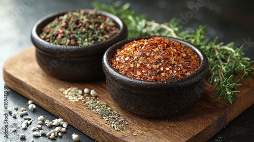 Variety of dried herbs and spices arranged on a textured surface for culinary...