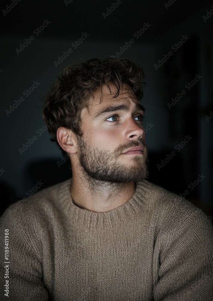 Obraz premium Close-up portrait of a young man with curly hair and a beard. he is wearing a beige sweater and is looking off to the side with a thoughtful expression on his face.