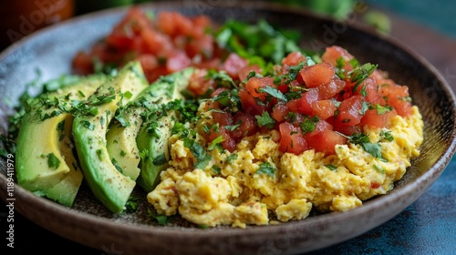 Savory scrambled eggs served with fresh avocado and vibrant tomato salsa on a...