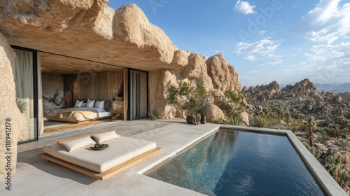 Modern desert retreat featuring pool and stunning rock formations in clear bl...