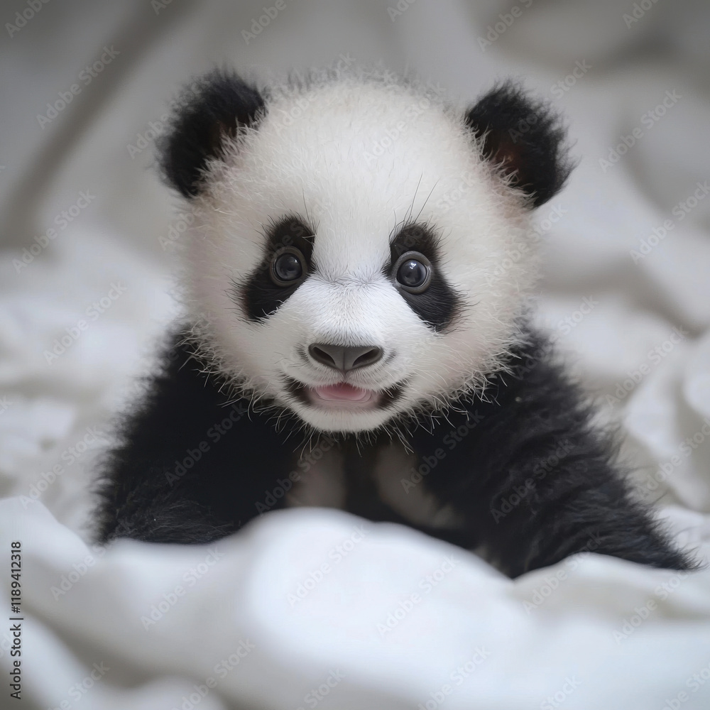 Adorable Baby Panda with Fluffy Fur on White Background Adorable Baby Panda with Fluffy Fur on White Background