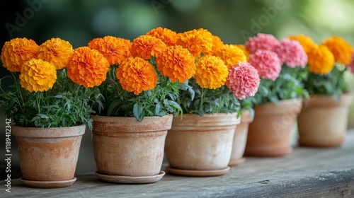 Colorful marigold flowers in clay pots displayed on a wooden shelf at a garde...