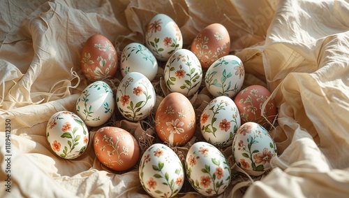 intricately painted easter eggs with stunning floral detail in close up shot generative ai