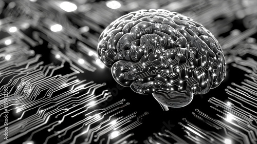 Monochrome brain placed on illuminated digital circuits symbolizing technology, artificial intelligence, and modern innovation. photo