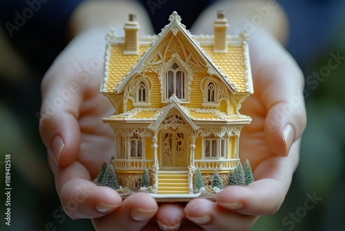 Miniature yellow house held in hands with intricate details and tiny trees