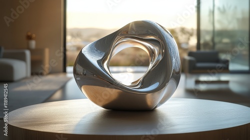 Modern abstract sculpture displayed in a spacious living room with large wind...