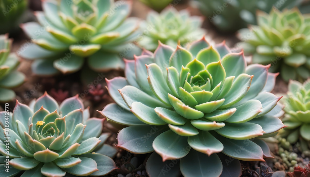 Close-up view of multiple succulents, showcasing intricate details, textures and vibrant green hues Close-up view of multiple succulents, showcasing intricate details, textures and vibrant green hues