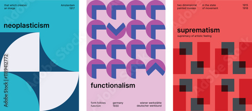 Abstract Swiss poster collection. Bauhaus geometric pattern background, circle, square, triangle graphic design. Modern style vector.