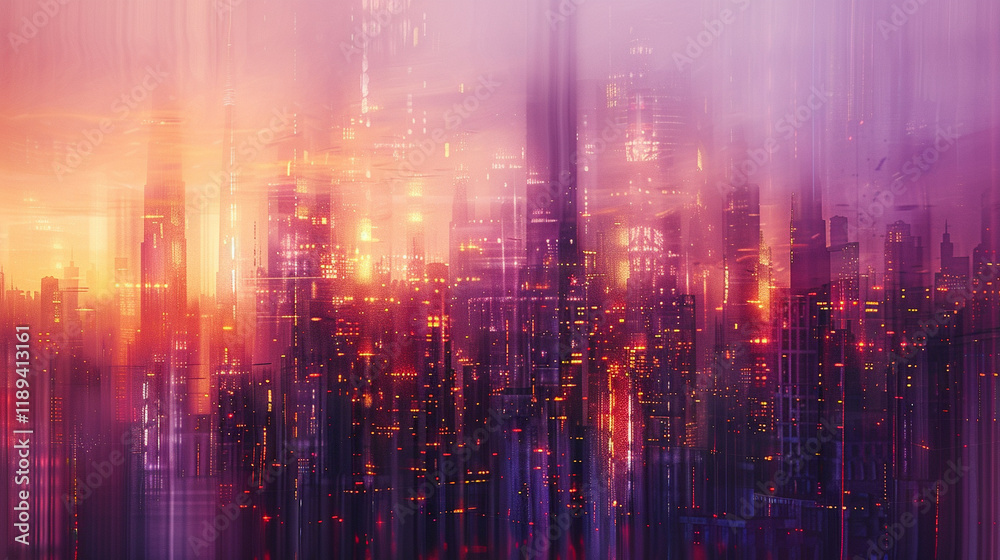 Obraz premium An abstract representation of a city skyline at dusk, with blurred lights and soft gradients of purple and orange, evoking a dreamy urban atmosphere