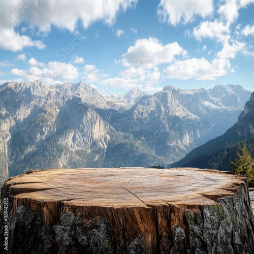 Empty wooden table for product display montages with mountains in the background photo