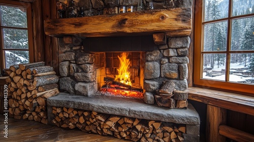 Cozy fireplace with stacked wood in a rustic cabin during winter