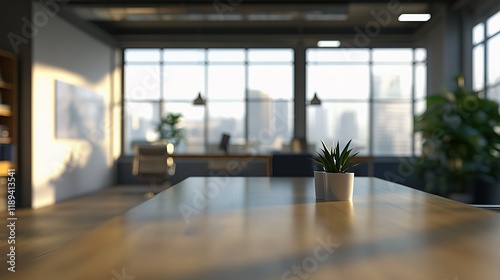 Wallpaper Mural Modern Office Interior with City View: A minimalist, modern office space with warm sunlight streaming through large windows, showcasing a panoramic view of a bustling cityscape. Torontodigital.ca