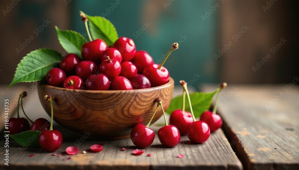 Red cherries overflowing from a wooden bowl on a rustic table, distressed, country Red cherries overflowing from a wooden bowl on a rustic table, distressed, country