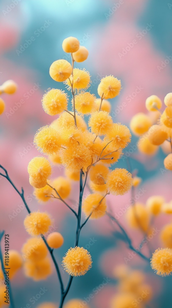 Fototapeta premium Yellow mimosa flowers on a blurred background with soft spring colors of pink and green